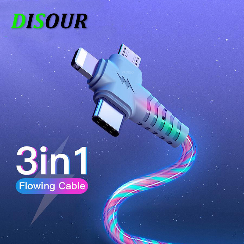 Disour cáp sạc usb phát sáng dòng chảy 3 trong 1 dây sạc lightning micro usb type c phát sáng led cho iphone samsung huawei xiaomi