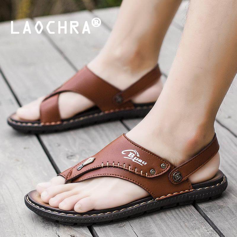 LAOCHRA Nam Mùa Hè Dép Xăng Đan Da Thật đế Bằng Dép Đi Biển Thời Trang Hợp Thời Trang Dép Size Lớn 38-46