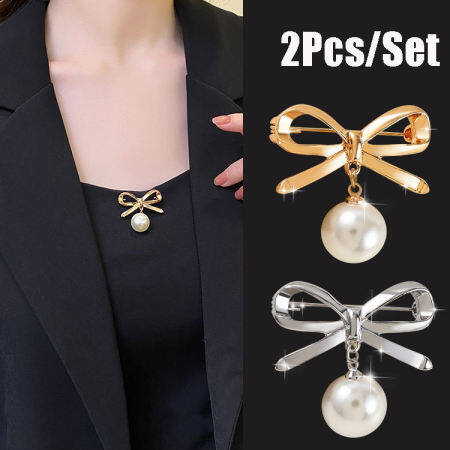 2Pcs/Set Fashion Pearl Fixed Strap Charm Safety Pin Brooch Sweater Cardigan Clip Chain Brooches Jewelry