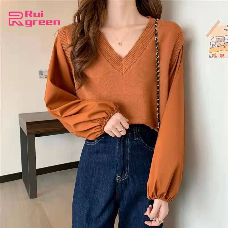 Áo Len Dệt Kim Tay Voan Cho Nữ Áo Crop Top Cổ Chữ V Dài Tay Áo Mặc Trong Màu Trơn Ngọt Ngào Màu Sắc: Màu Mơ Kích Thước: Một Cỡ