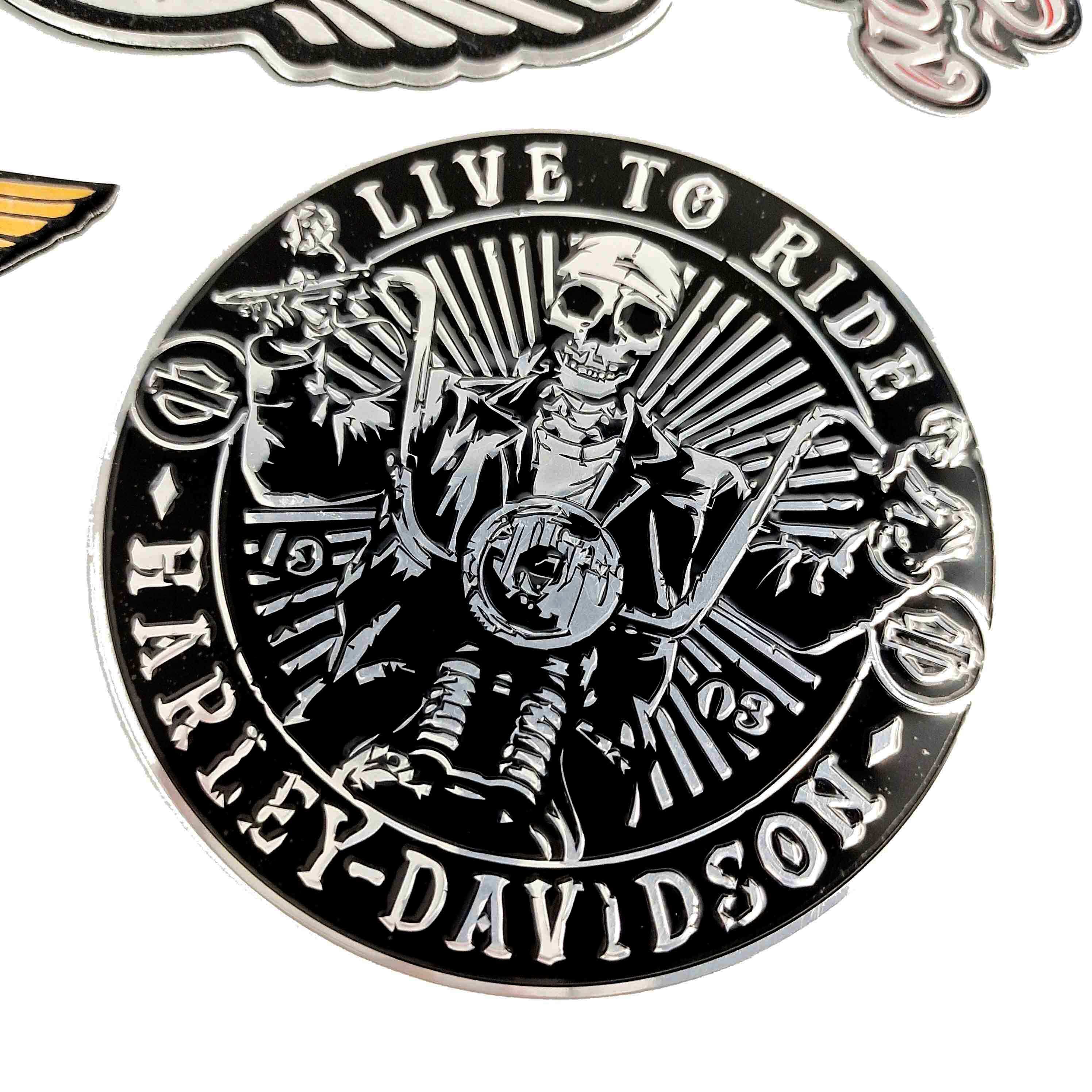 Biểu Tượng Xe Máy Harley Skull Stickers, Nhãn Dán Xe Máy Phong Cách Retro, Đề Can Nhôm Logo Harley Màu Đen Vàng Bạc