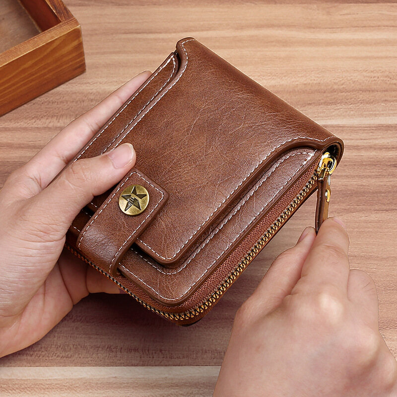 Ví ngắn ví cầm tay khóa kéo ví gập đôi retro ví gập đôi chặn rfid khóa kéo cổ điển xung quanh