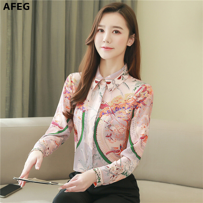 Afeg Mới Phụ Nữ Hàn Quốc Tay Dài Retro In Thời Trang Hoang Dã Tính Khí Thanh Lịch Áo Kiểu