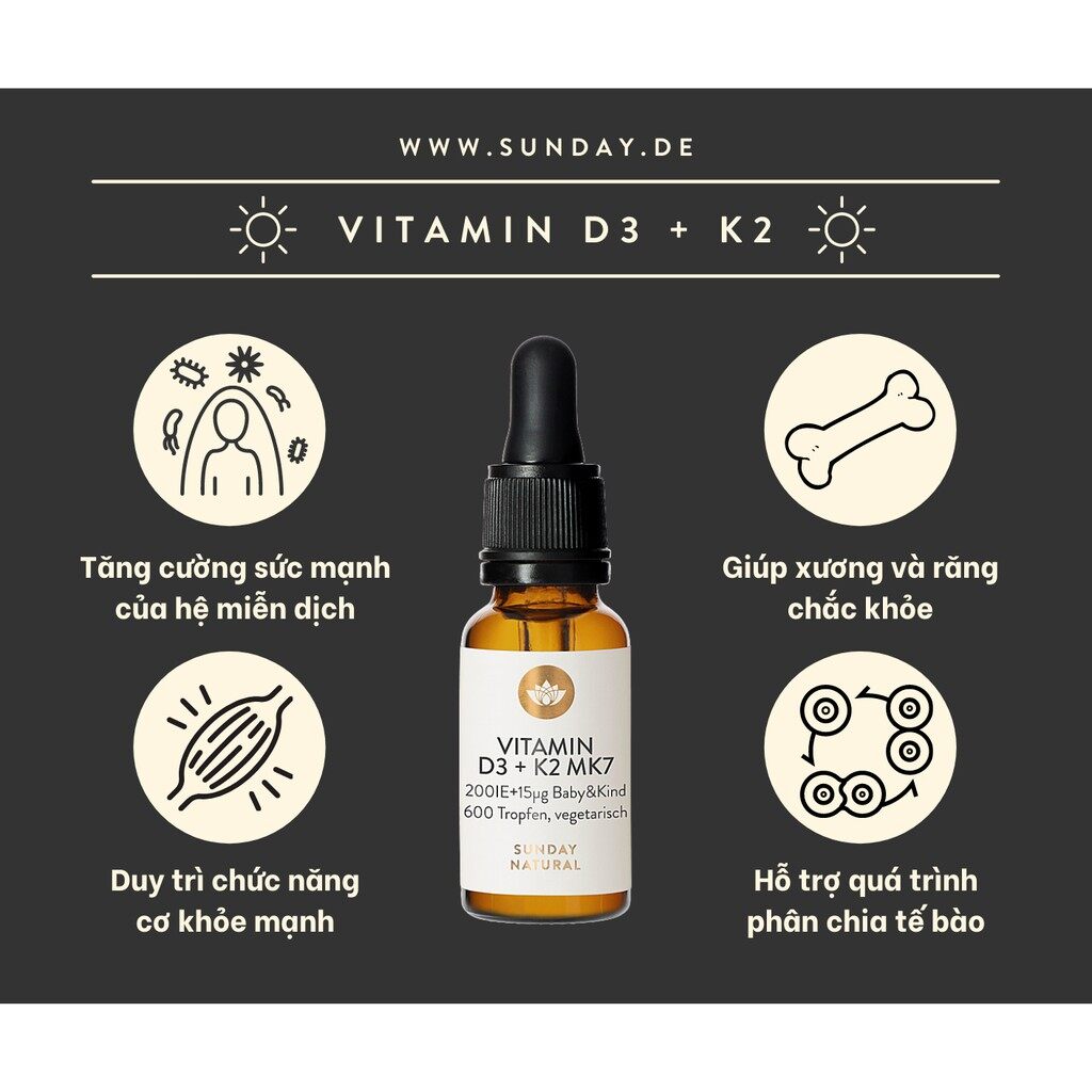 Vitamin D3K2 MK7 sunday natural Đức cho bé hàng Đức lọ 20ml