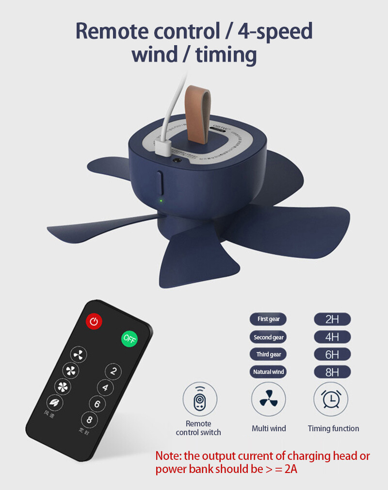 【Wisdhome】quạt Trần Hẹn Giờ USB, Máy Làm Mát Không Khí Treo 4 Tốc Độ Nhỏ Fan Hâm Mộ Với Điều Khiển Từ Xa, Lều Treo Cắm Trại Trong Nhà Ngoài Trời Cho Giường