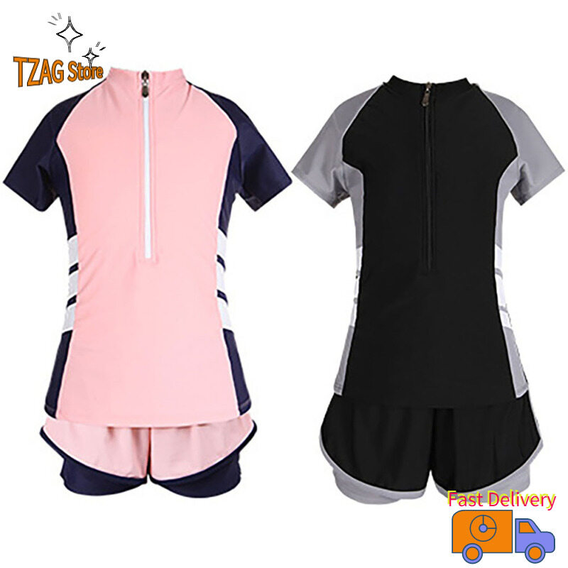 Tzag cửa hàng quần áo thời trang 2pcs cô gái Đồ bơi họa tiết kẻ áo ngắn tay mùa hè đồ bơi kín đáo cho Junior học sinh trung học