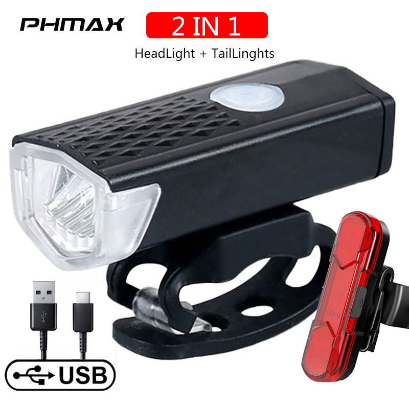 PHMAX Bike Light USB Rechargeable 300 Lumens Bicycle Light LED Front Headlight Rear Taillight Cycling Flashlight Warning Light ราคา 128 บาท*ส่งฟรี