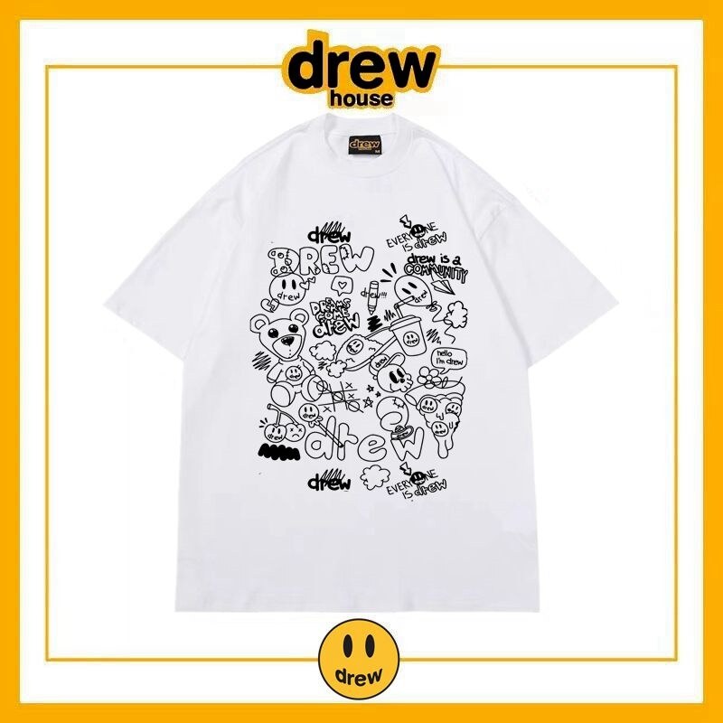 Hàng Chính Hãng Drew House Letter Graffiti Smiley Face Niche thương hiệu theo xu hướng Justin Bieber Loose Couple Cotton Ngắn Tay T-Shirt