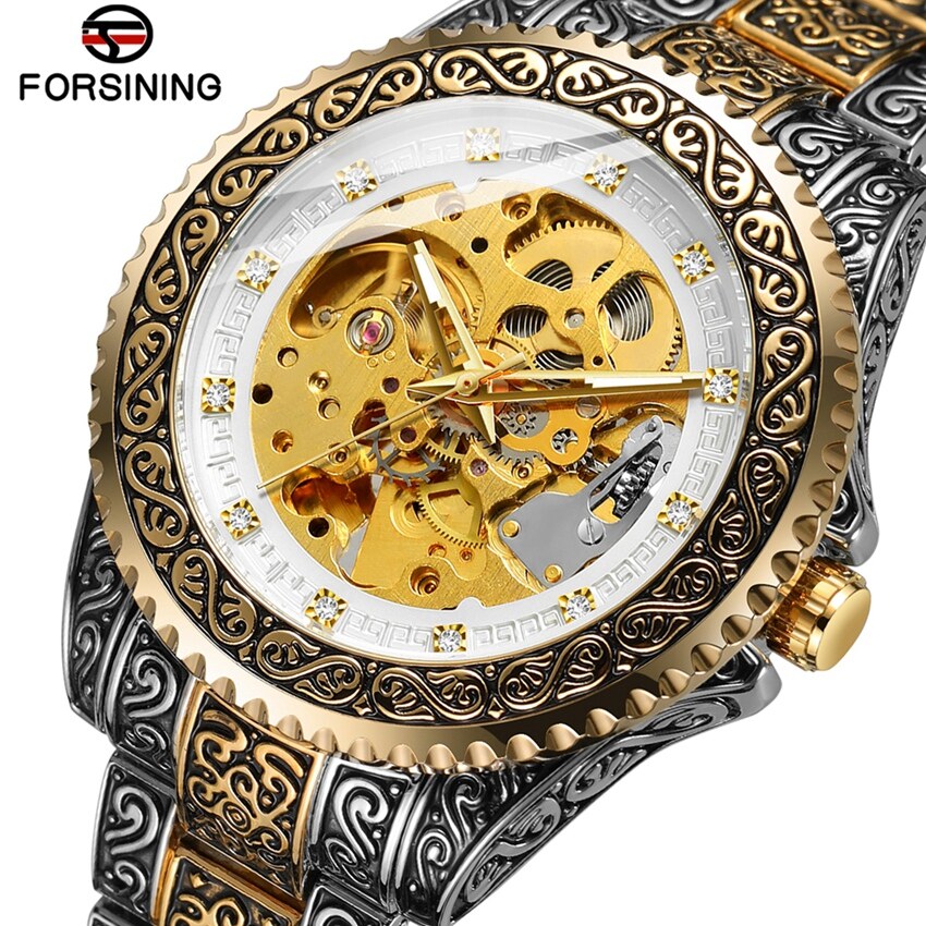 Forsining Đồng Hồ Đeo Tay Cơ Cho Nam Đồng Hồ Tự Động Kim Cương Thời Trang, Đồng Hồ Đeo Tay Bộ Xương Màu Đen Vàng Kim, Sang Trọng Zegarek Męski