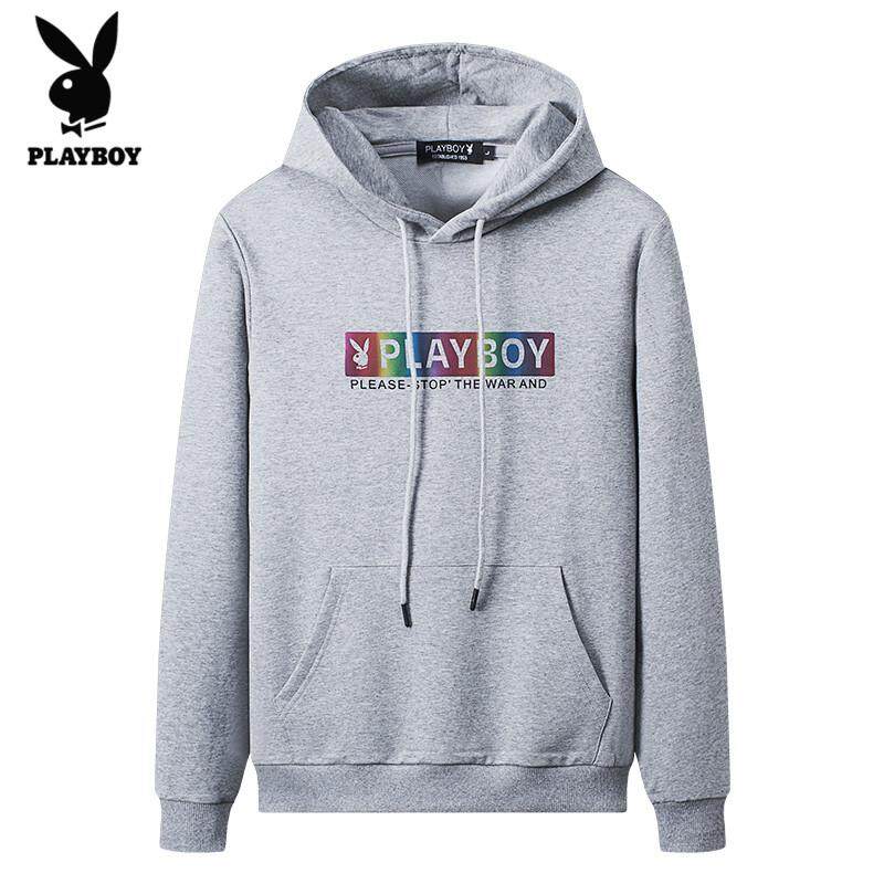 PLAY BOY แฟชั่น Mens โลโก้ที่มีสีสันคู่มีหมวกสเวตเชิร์ตลำลองบางส่วนกระเป๋าขนาดใหญ่ยี่ห้อ Mens Tops(M-4XL)