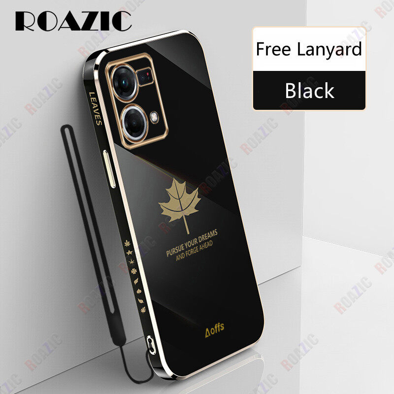 ROAZIC Ốp Điện Thoại Cho OPPO Reno7 4G Có Dây Đeo Ốp Mạ Điện TPU Mềm Thời Trang Ốp Lưng Lá Phong Viền Vàng Thẳng Reno 7 4G