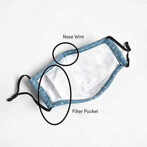 QQ Unisex Adult Reusable Handmade Cloth Face Mask with Filter Pocket, Nose Wire and Adjustable Earloop 3 Ply Layers Washable Cotton Breathable Anti Dust UV Protection Anti Haze Face Mouth Cover Mask Topeng Muka