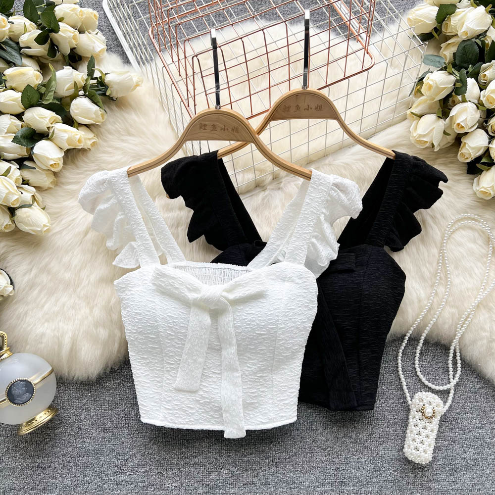 Áo hở eo phong cách instagram áo ba lỗ cổ vuông cổ điển cho nữ áo ba lỗ mỏng vải jacquard ngọt ngào mùa hè cho nữ kèm thanh