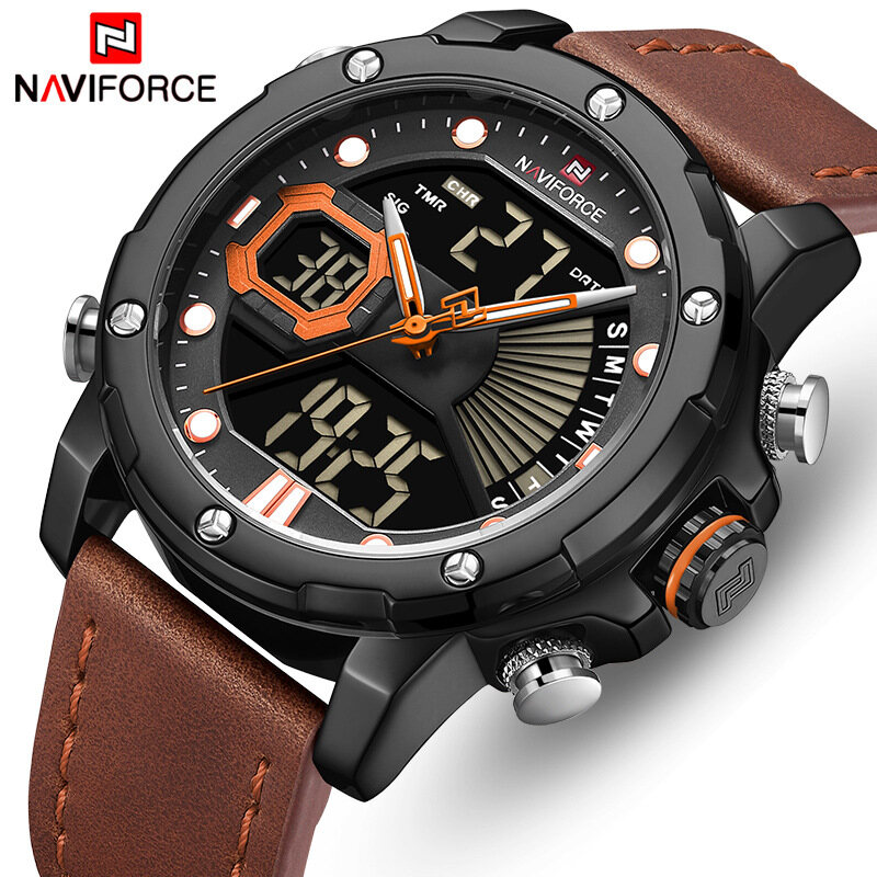NAVIFORCE Đồng Hồ Quân Đội Thương Hiệu Cao Cấp Hàng Đầu Cho Nam Đồng Hồ Thể Thao Da Kỹ Thuật Số Led, Đồng Hồ Thạch Anh Chống Nước Bằng Da Cho Nam
