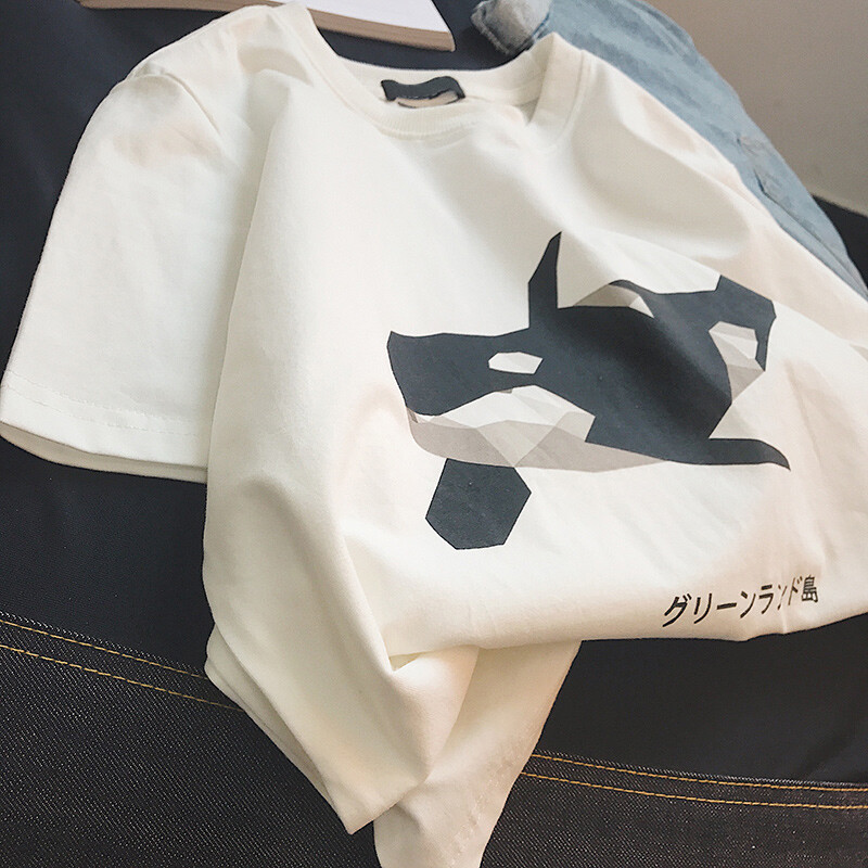 Áo Phông Ngắn Nam, Áo Thun Nam Cổ Tròn Dáng Rộng, In Hình Cá Mập Hoạt Hình, Phong Cách Phi Giới Tính, Thời Trang Thường Ngày