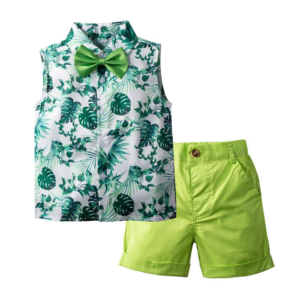 Quần áo mùa hè bé trai thiết lập áo sát nách in + quần lót màu xanh lá cây
