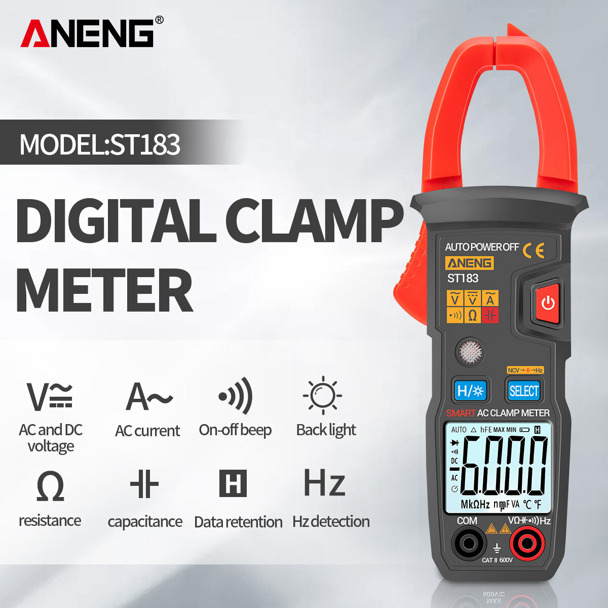 Đồng hồ đo kẹp kỹ thuật số aneng st183, máy đo điện áp dc/ac vạn năng hiện tại 6000 đếm, máy kiểm tra điện áp hz, điện trở ncv ohm