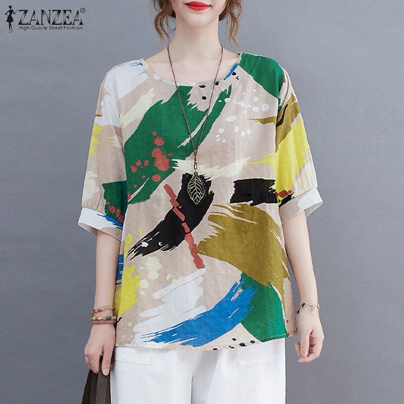 ZANZEA Áo In Họa Tiết Ngắn Tay Mùa Hè Cho Nữ Áo Sơ Mi Đi Biển Ngày Lễ Áo Phông Áo Phông