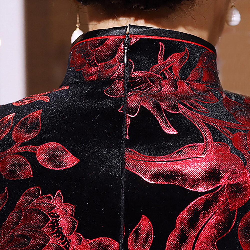 Sườn Xám Trung Quốc Benferry Cho Nữ Đầm Midi Ôm Sát In Hoa Dài Tay 3/4