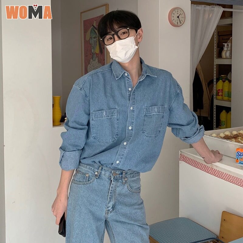 ⚡Miễn Phí Vận Chuyển⚡WOMA Áo Sơ Mi Denim Dài Tay Hợp Thời Trang Cho Nam Áo Khoác Denim Thường Ngày Dễ Phối Hoài Cổ Phong Cách Hồng Kông Dáng Rộng Áo Sơ Mi Denim Cho Nam