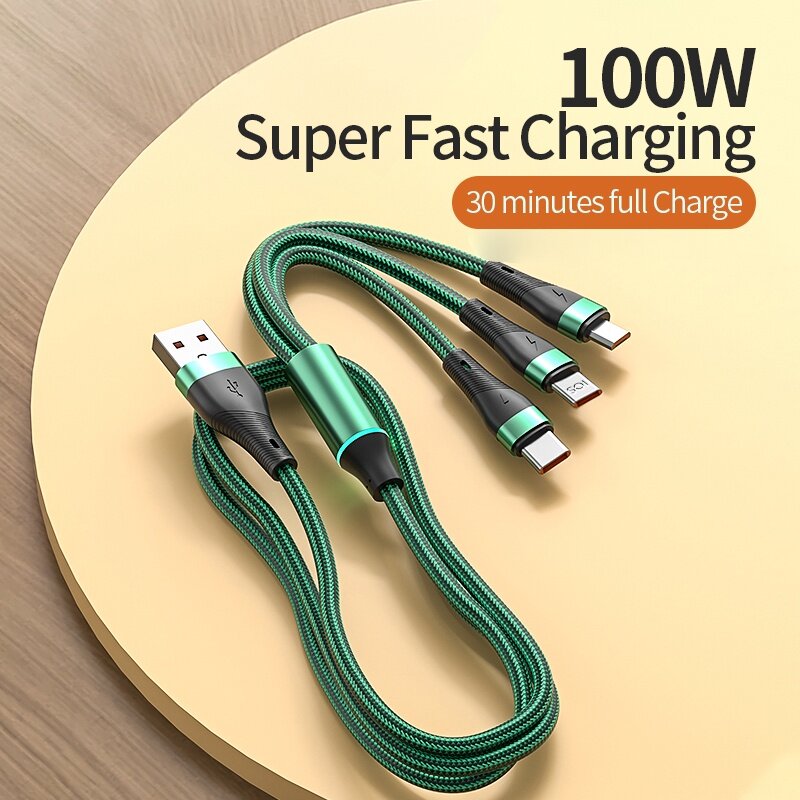 100W Super Fast Charger Cable 6A 3 in 1 Charger Cable Micro Usb / Type-C / For iP Cable