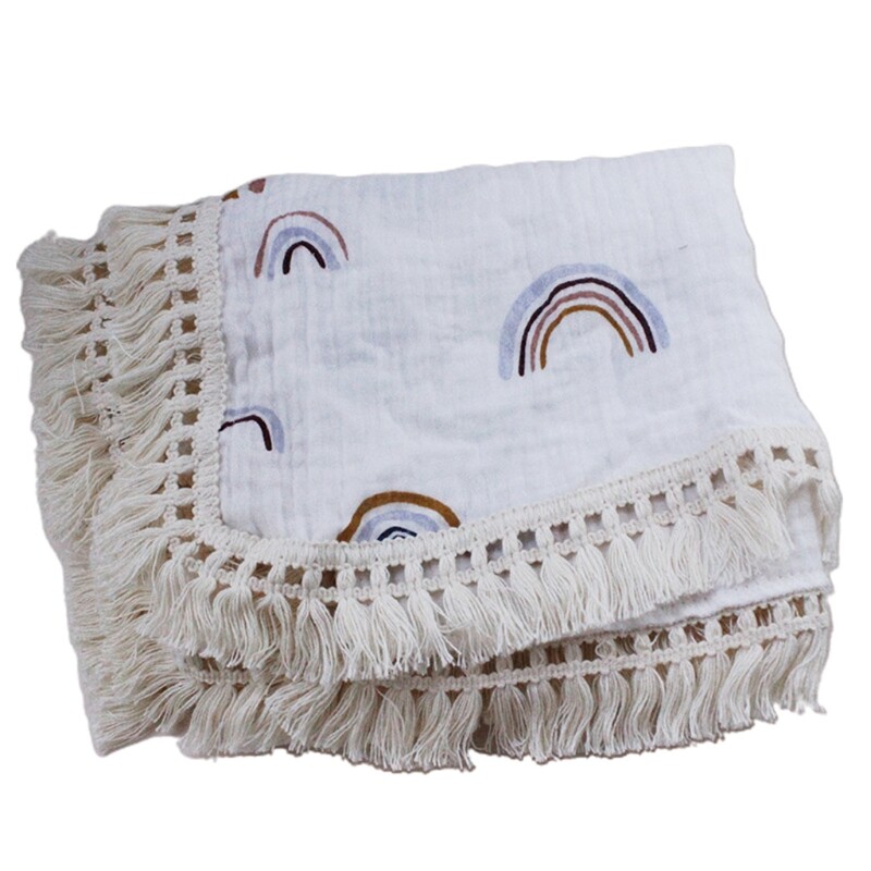 Khăn Quấn Có Tua Rua Cho Em Bé Chăn Nhận Bằng Cotton Nguyên Chất Mềm Mại 2 Lớp Chăn Muslin Khăn Tắm Khăn Trùm Xe Đẩy Trẻ Sơ Sinh