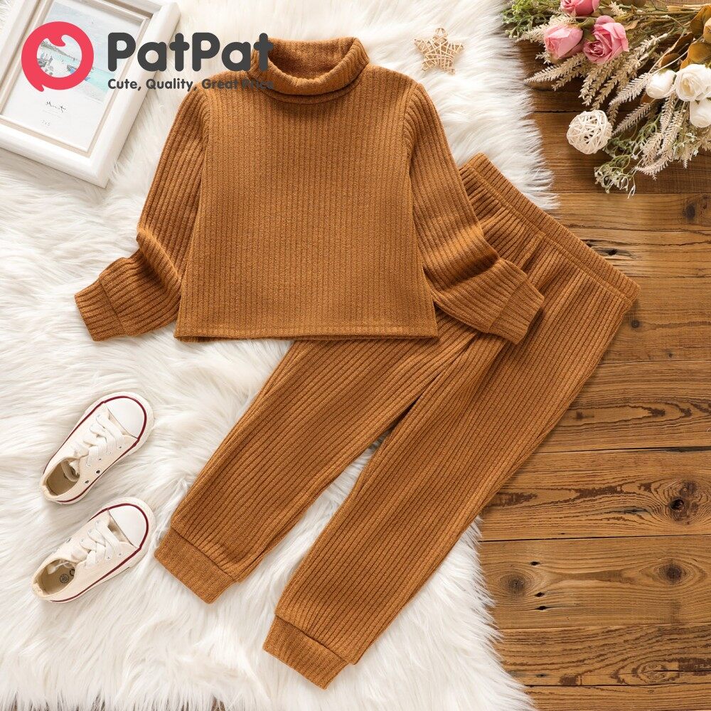  PatPat Bộ 2 Chiếc Áo Thun Dài Tay Cổ Lọ Có Gân Màu Trơn Cho Bé Gái Tập Đi Và Quần Co Giãn 