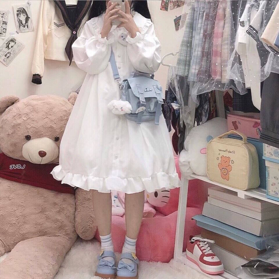 Lolita soft girl fairy dress spring Japanese style soft girl doll collar lace up ruffled dress cute female