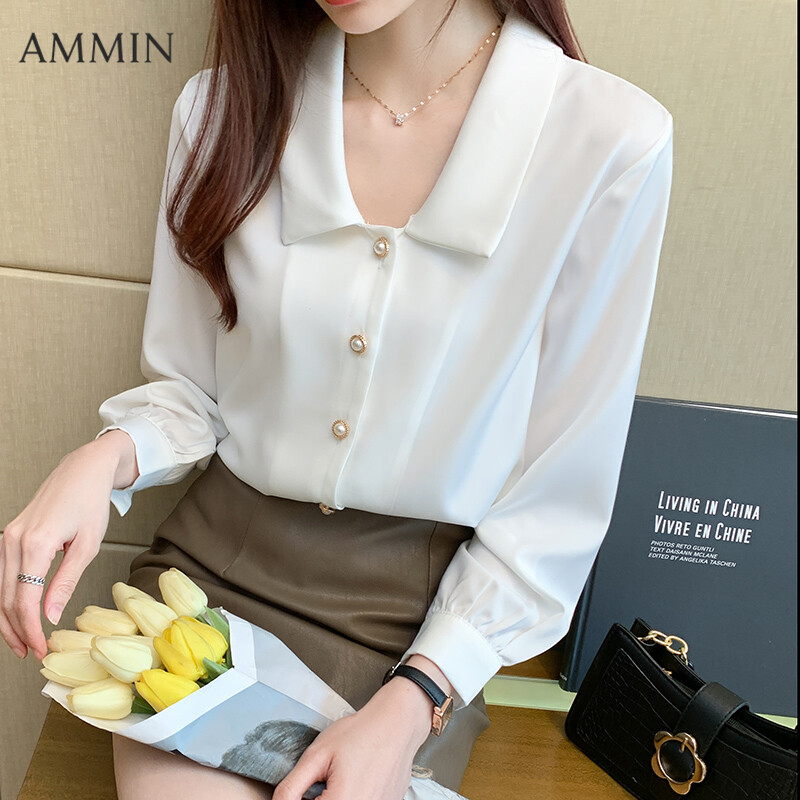 Áo Sơ Mi Dài Tay AMMIN Cho Nữ, Áo Kiểu Cổ Búp Bê Bằng Vải Satin Màu Trắng, Phong Cách Chuyên Nghiệp, Khí Chất, Retro, Hàn Quốc