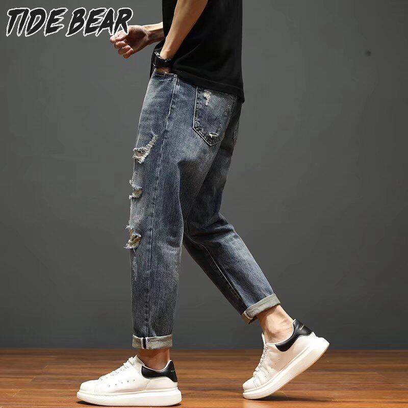 TIDE BEAR Quần jeans nam Nam quần Jean Ráchphong cách đường phố denim quần lửngrộng cộng với Kích thước quần Harlan