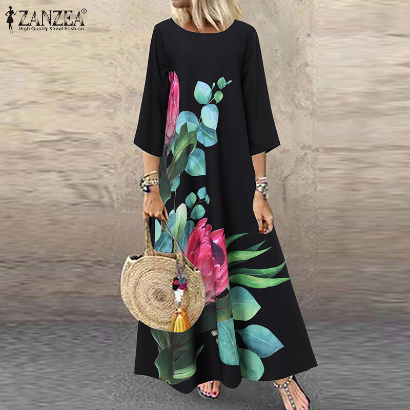 ZANZEA Đầm Maxi Nữ Dài In Hoa Cổ Tròn Tay Áo Mùa Hè 3/4 Phong Cách Bohemian
