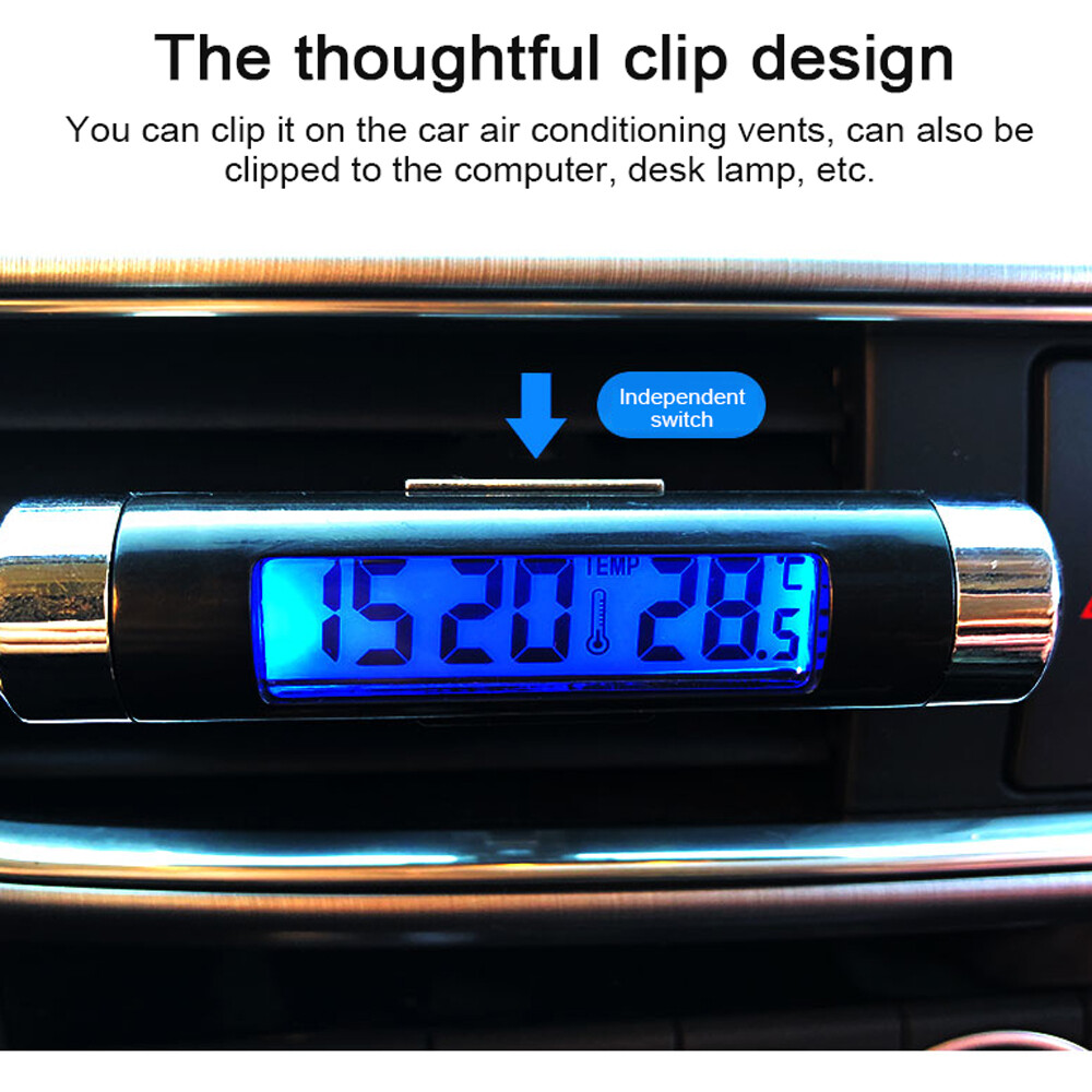 2 in 1 Car Clock Temperature Meter Gauge Air Outlets Clip-on LED Digital Display Thermometer with Blue Backlight 12H/24H Switching for Car Truck