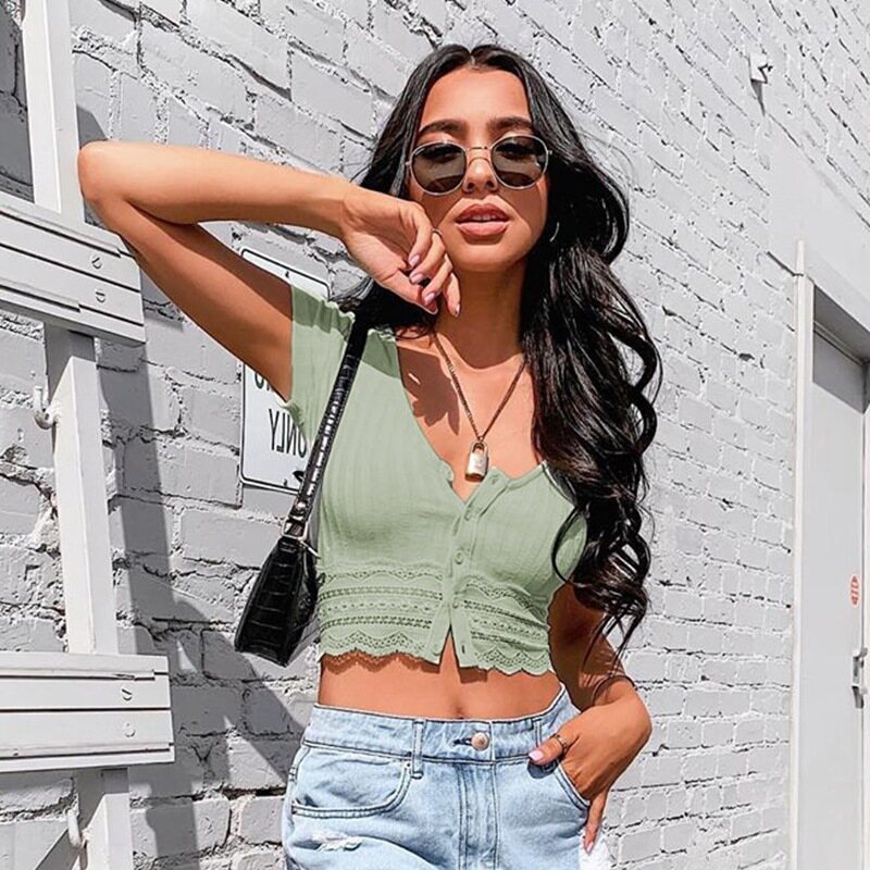 Moderntime Áo Hở Eo Dệt Kim Mùa Hè Phong Cách Tiktok Cho Nữ, Áo Cardigan Cổ Chữ V Ngắn Tay Phối Ren Hoa Thời Trang Áo Crop Top Ngắn Có Nút Màu Trơn Mỏng