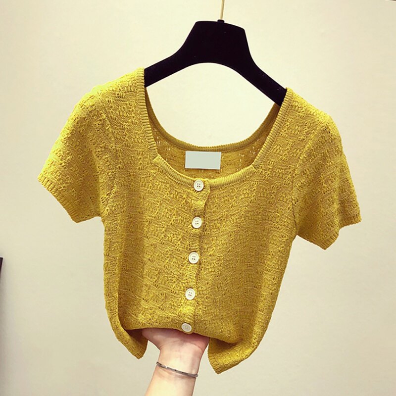 Áo Phông Đan Lỗ Cho Nữ, Áo Thun Ngắn Tay Cổ Vuông Màu Trơn Thường Ngày