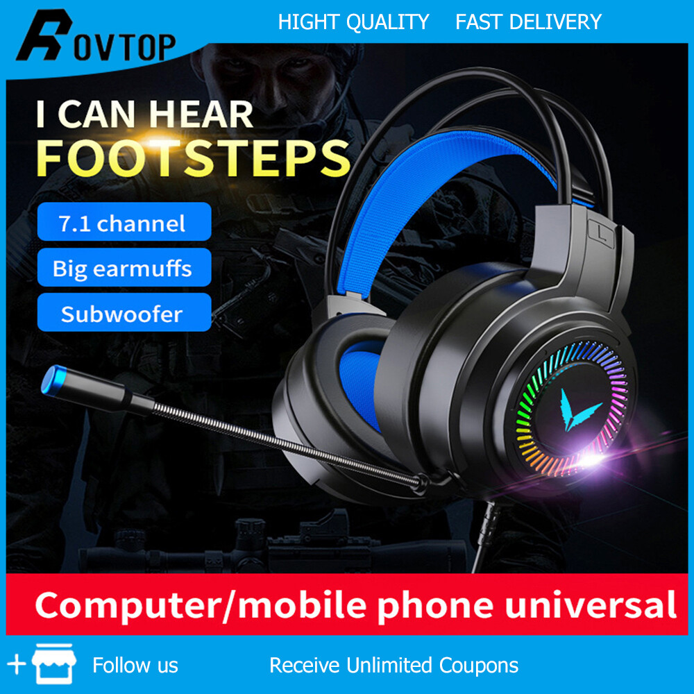 Rovtop tai nghe chơi game tai nghe chơi game tai nghe âm thanh nổi có dây âm thanh vòm 3.5mm/7.1 micrô tai nghe chơi game máy tính xách tay máy vi tính có đèn nhiều màu usb