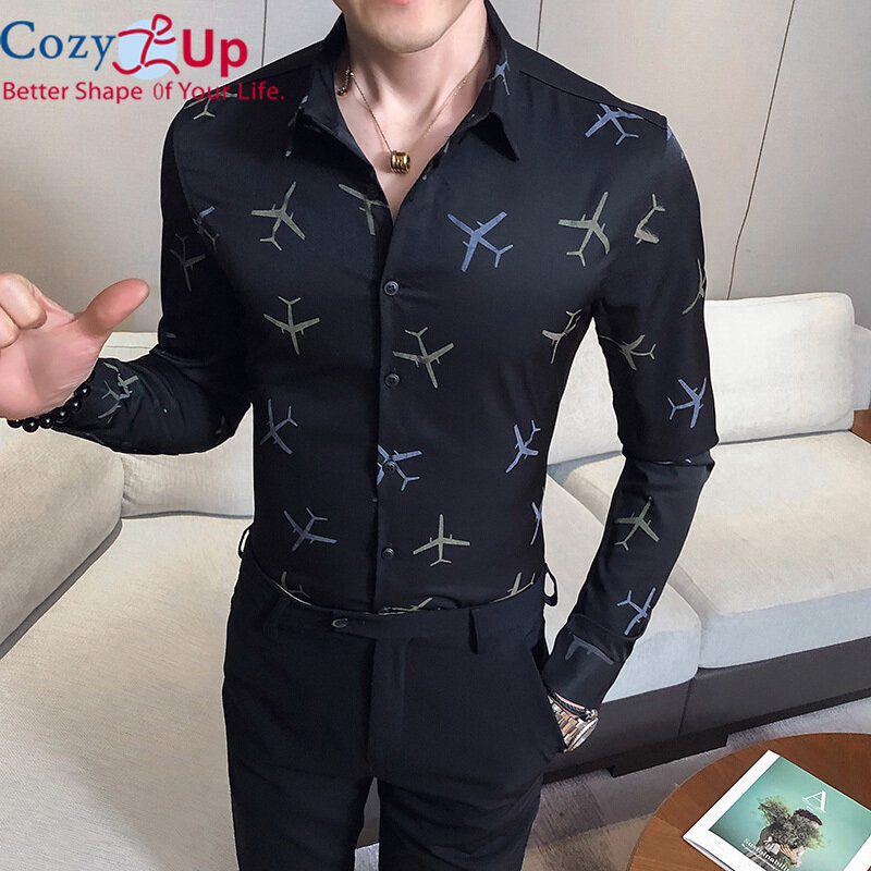 Áo Sơ Mi Cozy Up Kiểu Anh Cho Nam, Dài Tay, Dáng Ôm, Đơn Giản, In Hình Máy Bay