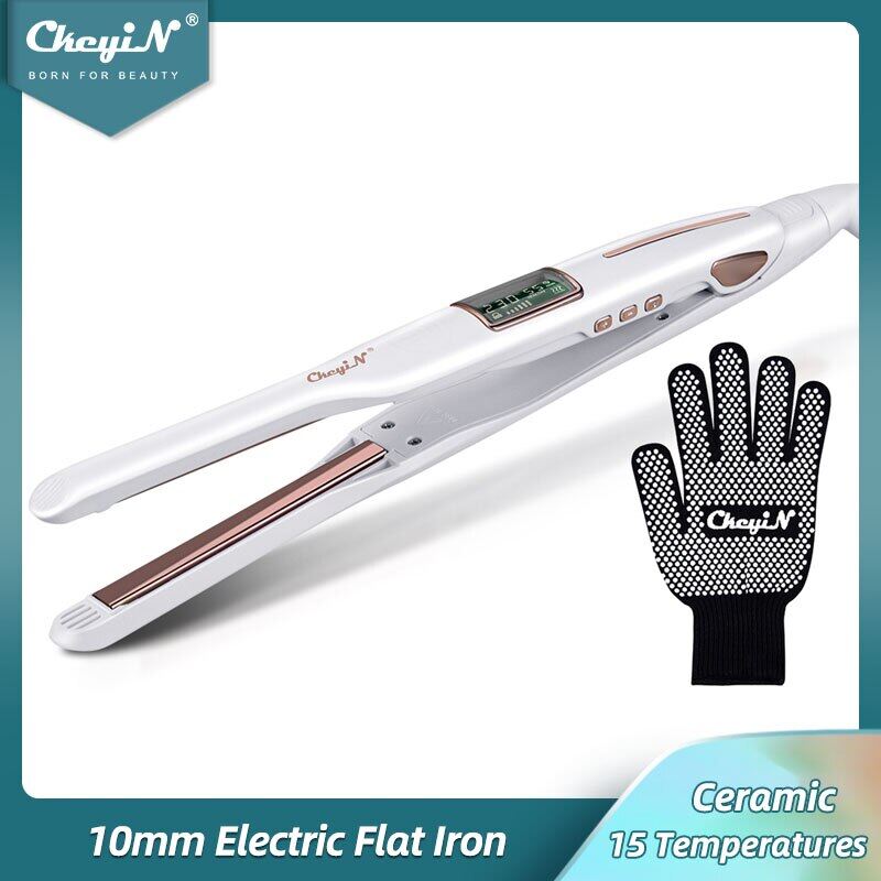 Ckeyin 10mm 3D nổi phủ gốm Máy ép tóc unisex hẹp thẳng Máy duỗi 30S Sưởi ấm nhanh Màn hình LCD