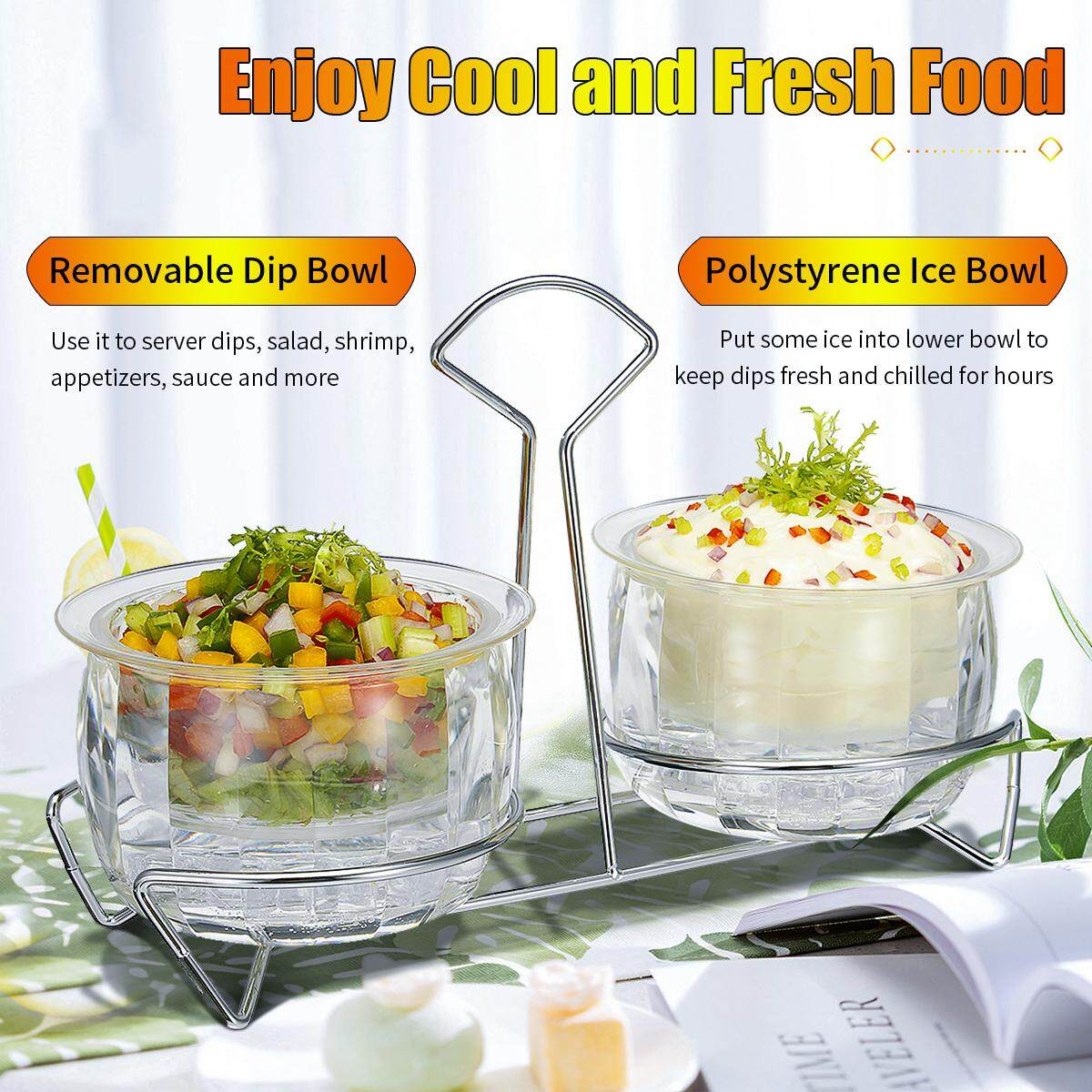 Generic Stainless Steel Salad Dressing Double Bowl Dips Sauce Serving