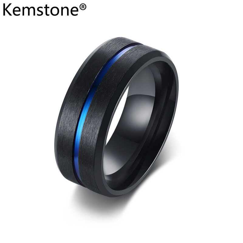 Kemstone Trendy Stainless Steel Black Blue 8MM Ring for Men Jewelry Gifts