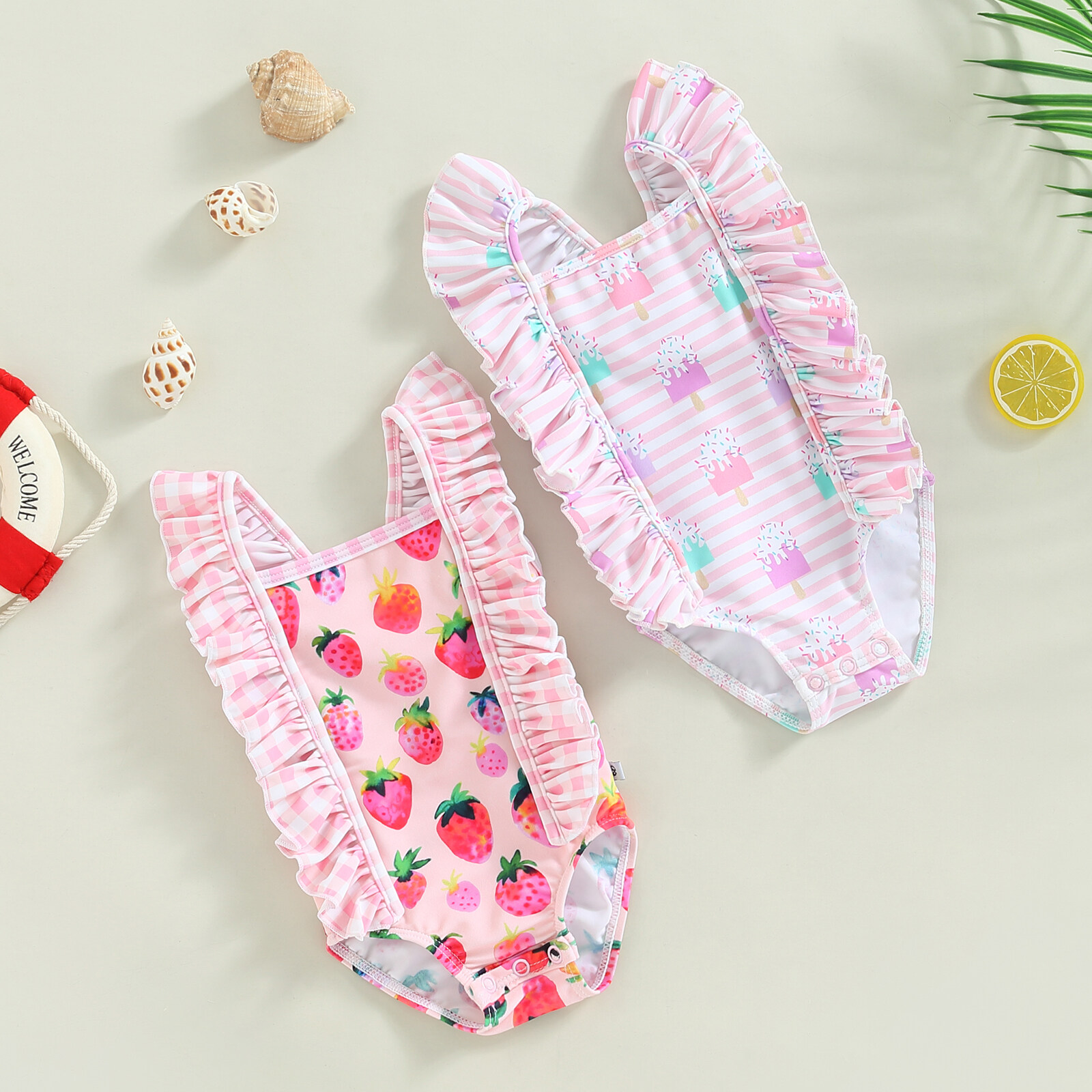 【Beautywoo】Baby Bikini Cho Bé Gái, Áo Tắm Bơi Mùa Hè In Hình Dâu Tây/Kem Cổ Vuông Tay Bồng