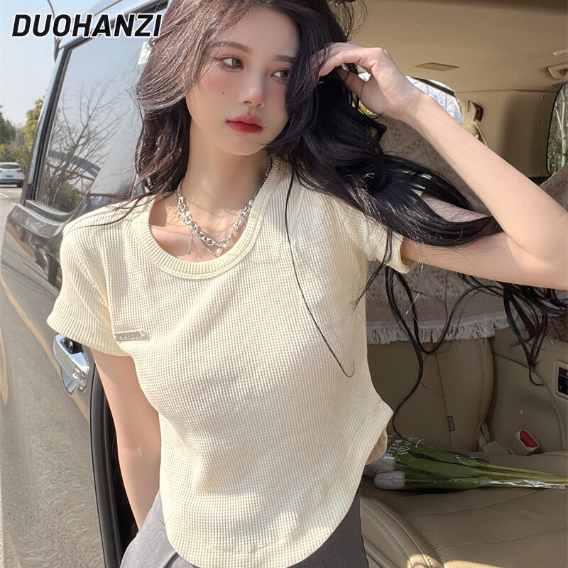 DUOHANZI phụ nữ áo phông tay ngắn cổ tròn Waffle Hàn Quốc ngắn tay phong cách bất thường tay áo ngắn thiết kế ôm màu Trơn Áo phông ngắn tay