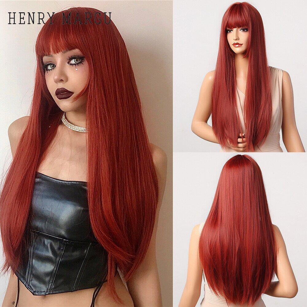 HENRY MARGU Red Orange Synthetic Wigs Long Straight Cosplay Christmas