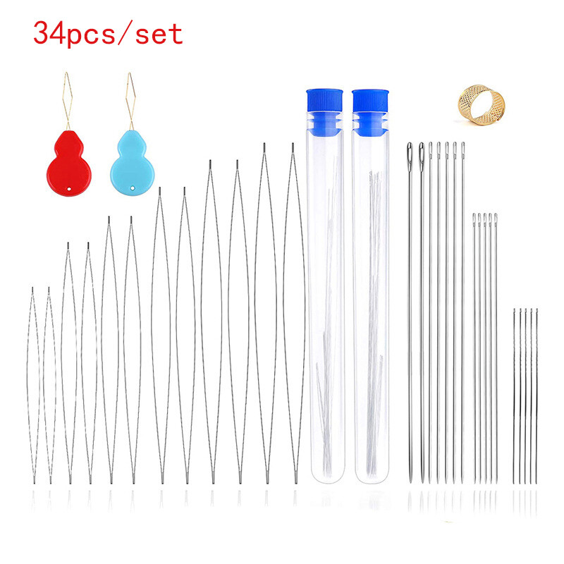 Bộ kim đính cườm 34 cái/bộ với lỗ mở trung tâm kim đính cườm thẳng cong xỏ chỉ