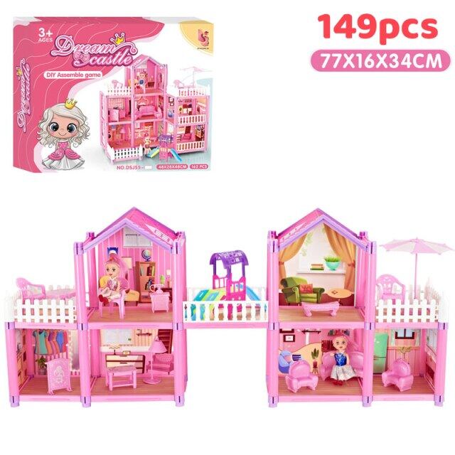 เจ้าหญิงใหญ่ Villa 3d Diy Handmade Dollhouses ชุดปราสาทสีชมพูบ้านของเล่นสไลด์ Yard ประกอบบ้านตุ๊กตาของเล่นของขวัญ