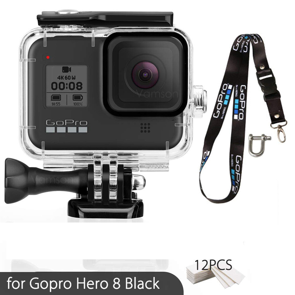 Gopro Hero 8 Bộ phụ kiện vỏ chống nước 60 mét bảo vệ cho Camera hành trình kèm dây đeo cổ có thể tháo rời và 12 miếng chống sương mờ - INTL