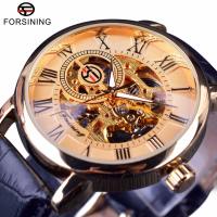 Forsining 3d Logo Design Hollow แกะสลัก Black Gold Case หนังโครงกระดูกจักรกลนาฬิกาผู้ชายแบรนด์หรู Heren Horloge. ของขวัญผู้ชาย