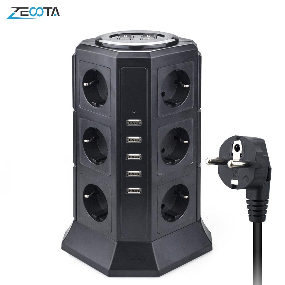 [HOT W] Tower Multi Power Strip Vertical EU Plug 12 Way Outlets Sockets with USB Surge Protector Circuit Protection 2m Extension Cord