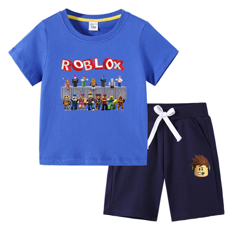 Ro-bloxs Bộ Quần Đùi Mùa Hè Cho Bé Trai Áo Thun Cổ Tròn Tay Ngắn Cho Bé Gái, Quần Cotton Ngắn Tay Họa Tiết Hoạt Hình Cá Tính Mới Quần Áo Trẻ Em Bộ Đồ Thời Trang Thể Thao Thường Ngày