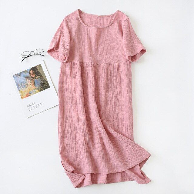 ฤดูร้อนหลวม Nightgown ผู้หญิงแขนสั้นชุดราตรีผ้าพันคอชุดนอนผ้าฝ้ายสีชมพู/น้ำเงินเสื้อผ้าชุด Homewear