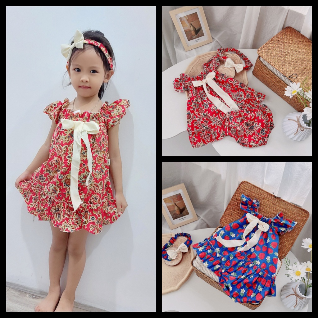 Set 3 chi tiết Váy cánh tiên + turban + quần chip xinh xắn bé gái 7-15kg